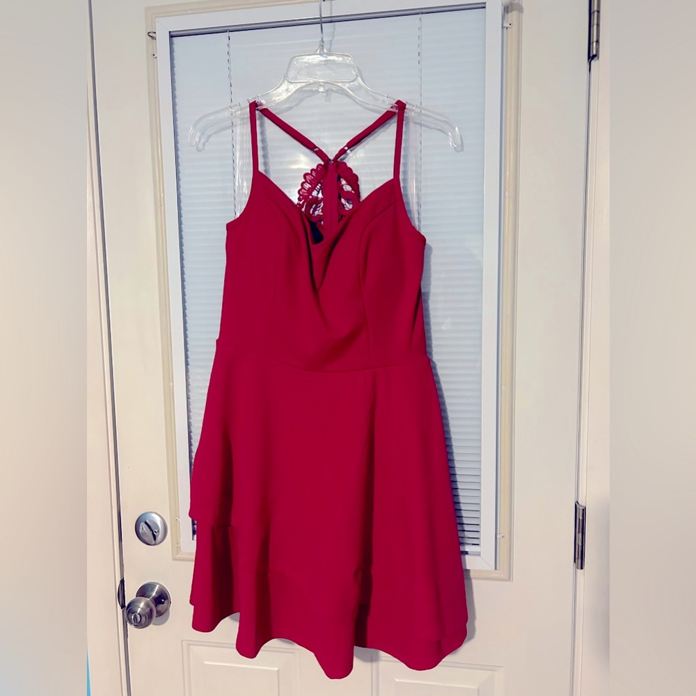 TRIXXI Clothing Company red ruffle tiered dress with lacey razorback